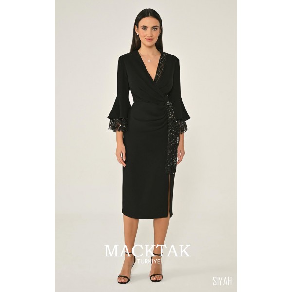 V Yaka Krep Midi 6847 Abiye Elbise