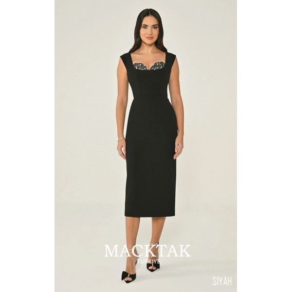 Göğsü Aksesuarlı Krep Midi 7001 Abiye Elbise