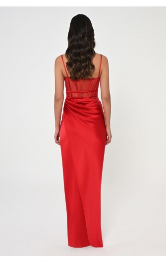 İp Askılı Korse Bel 6461 Saten Uzun Elbise
