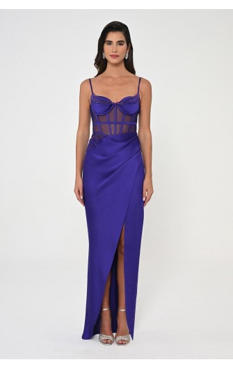 İp Askılı Korse Bel 6461 Saten Uzun Elbise