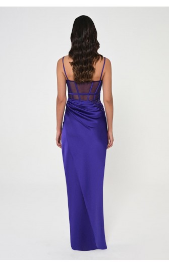 İp Askılı Korse Bel 6461 Saten Uzun Elbise
