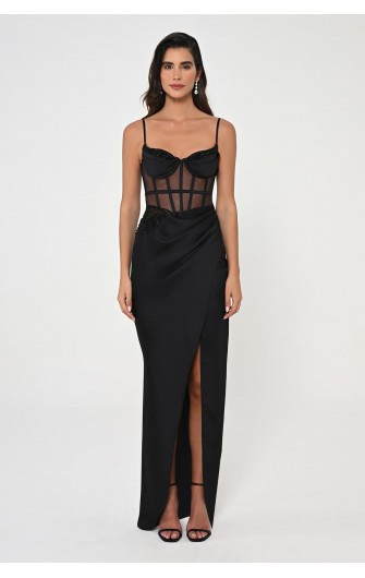 İp Askılı Korse Bel 6461 Saten Uzun Elbise