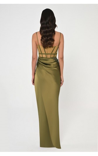 İp Askılı Korse Bel 6461 Saten Uzun Elbise