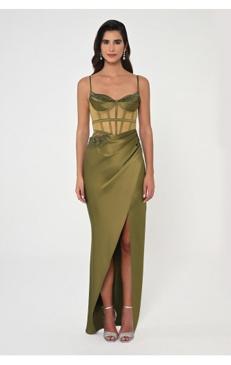 İp Askılı Korse Bel 6461 Saten Uzun Elbise