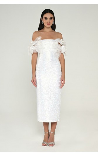 Çiçek Aksesuarlı 6677A Jakar Kumaş Midi Elbise