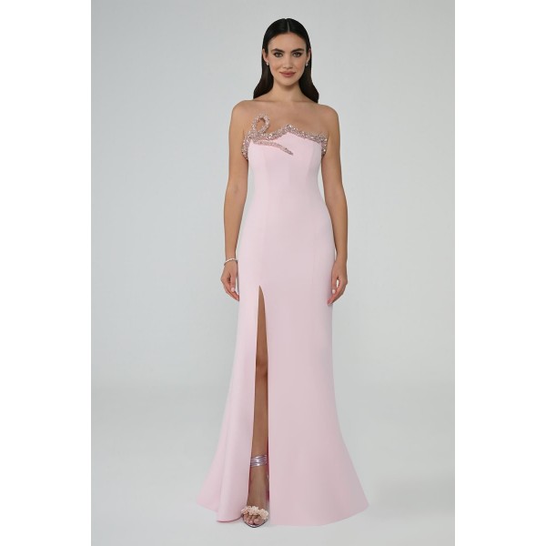 Yakası Taşlı 6728 Yırtmaçlı Straplez Elbise