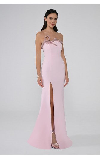 Yakası Taşlı 6728 Yırtmaçlı Straplez Elbise