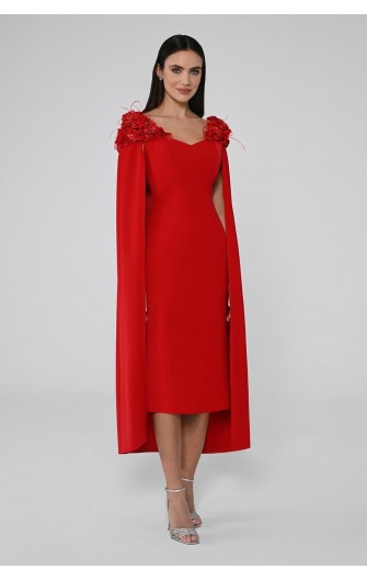 Çiçek Aksesuarlı Pelerinli B6708 Midi Elbise