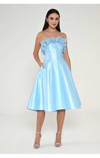 Çiçek Tüy Aksesuarlı 6685 Saten Elbise