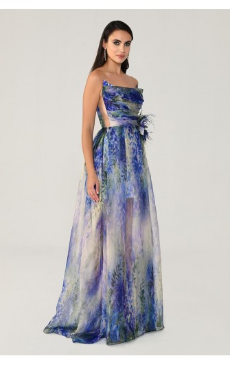 Kayık Yaka 6604 Desenli Şifon Elbise