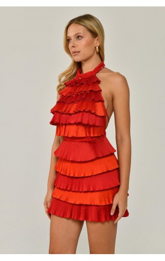 Halter Yaka 6152 Katlı Pliseli Kısa Elbise