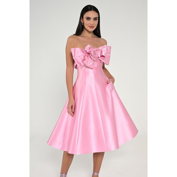 Straplez Önü Çiçekli 6606 Saten Midi Elbise