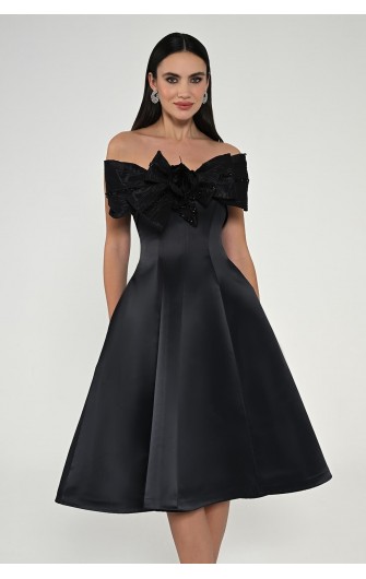 Straplez Önü Çiçekli 6606 Saten Midi Elbise