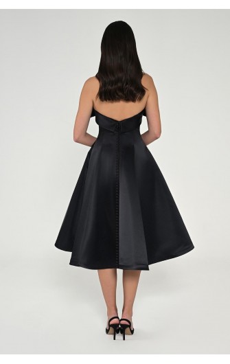 Straplez Önü Çiçekli 6606 Saten Midi Elbise