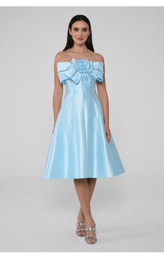 Straplez Önü Çiçekli 6606 Saten Midi Elbise