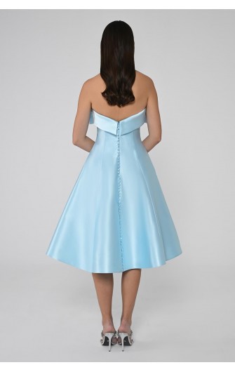 Straplez Önü Çiçekli 6606 Saten Midi Elbise