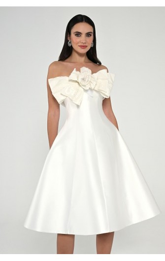 Straplez Önü Çiçekli 6606 Saten Midi Elbise