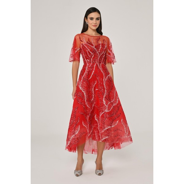 Kısa Kollu Parlak 6645 Tül Midi Elbise