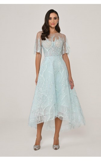 Kısa Kollu Parlak 6645 Tül Midi Elbise