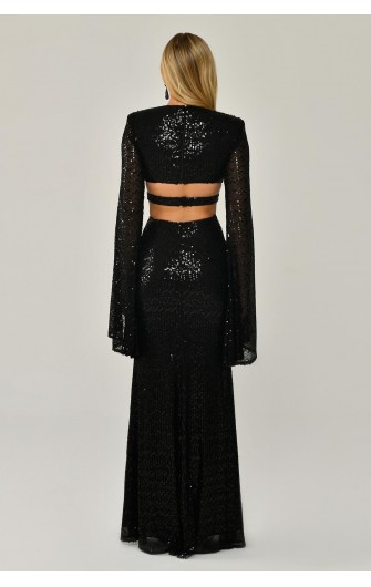 V Yaka Payetli 6288 Uzun Elbise