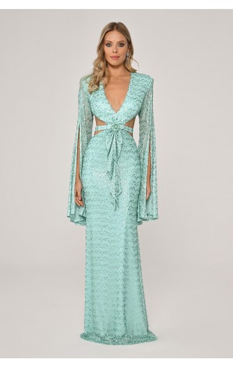 V Yaka Payetli 6288 Uzun Elbise