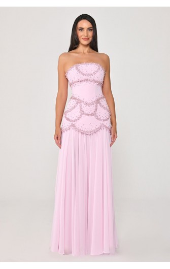 Şal Kollu Boncuklu 7330 Şifon Elbise