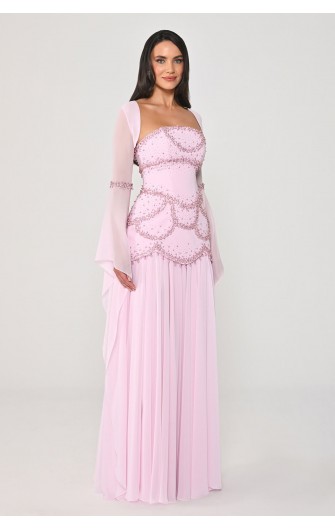 Şal Kollu Boncuklu 7330 Şifon Elbise