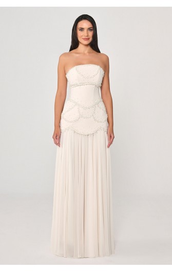 Şal Kollu Boncuklu 7330 Şifon Elbise