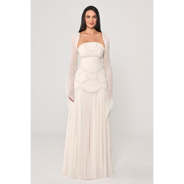 Şal Kollu Boncuklu 7330 Şifon Elbise