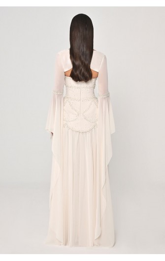 Şal Kollu Boncuklu 7330 Şifon Elbise