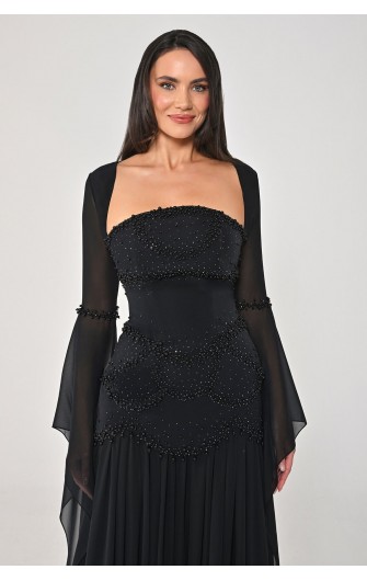 Şal Kollu Boncuklu 7330 Şifon Elbise