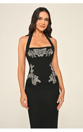 Boyundan Askılı Taşlı 7333 Krep Uzun Elbise