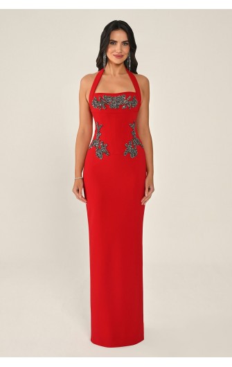 Boyundan Askılı Taşlı 7333 Krep Uzun Elbise