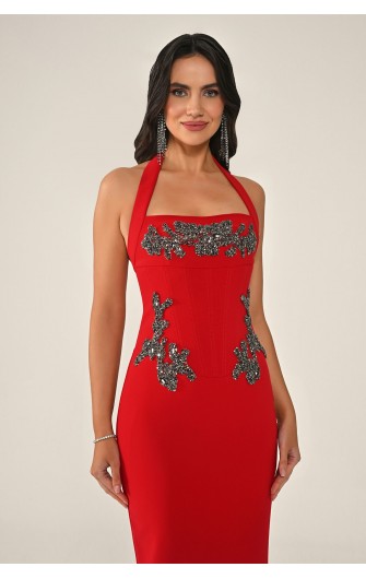 Boyundan Askılı Taşlı 7333 Krep Uzun Elbise