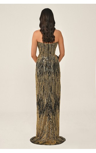 Düğme Aksesuarlı 7045 Payet Uzun Elbise