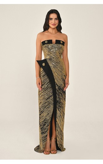 Düğme Aksesuarlı 7045 Payet Uzun Elbise