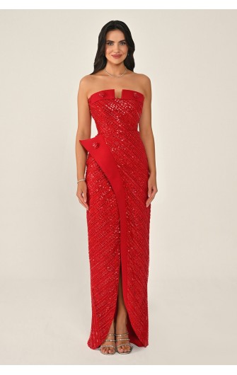 Düğme Aksesuarlı 7045 Payet Uzun Elbise