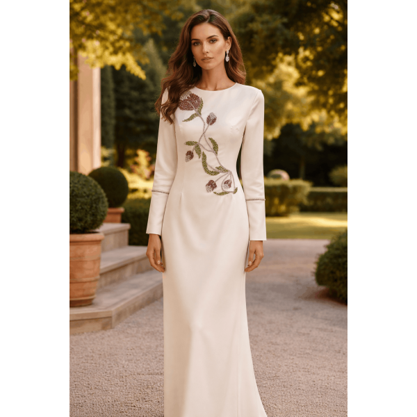 Uzun Kollu İşlemeli 8130-26 Elbise