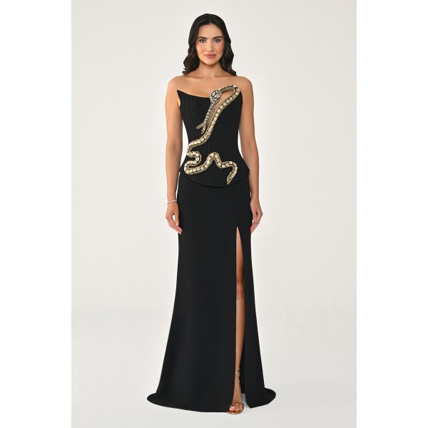 Taşlı Yılan Aksesuarlı 7444 Straplez Uzun Elbise