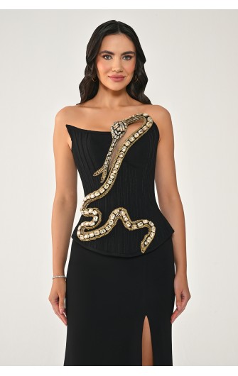 Taşlı Yılan Aksesuarlı 7444 Straplez Uzun Elbise