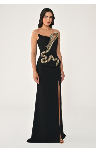 Taşlı Yılan Aksesuarlı 7444 Straplez Uzun Elbise
