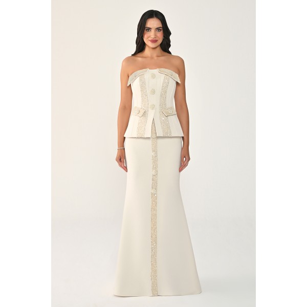 Düğmeli Payet Detaylı 7195 Uzun Elbise