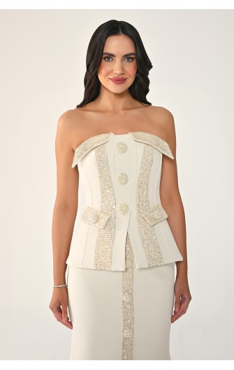 Düğmeli Payet Detaylı 7195 Uzun Elbise