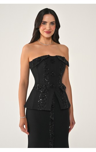 Düğmeli Payet Detaylı 7195 Uzun Elbise