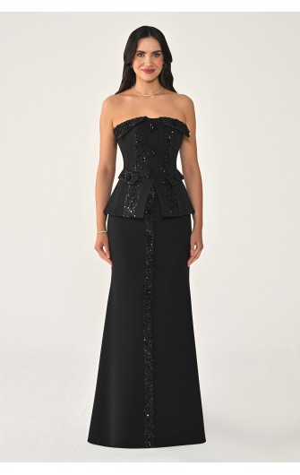 Düğmeli Payet Detaylı 7195 Uzun Elbise