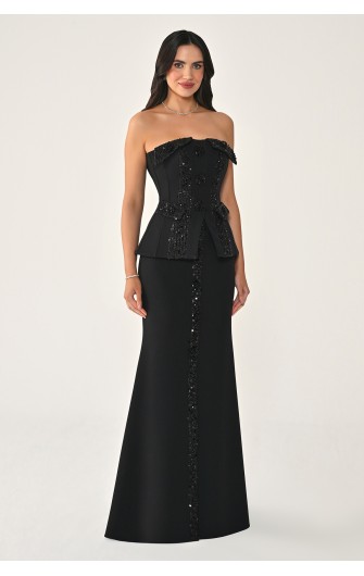 Düğmeli Payet Detaylı 7195 Uzun Elbise