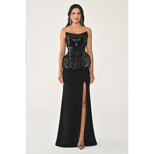 Üstü Pullu Payet Etekli 7443 Uzun Elbise