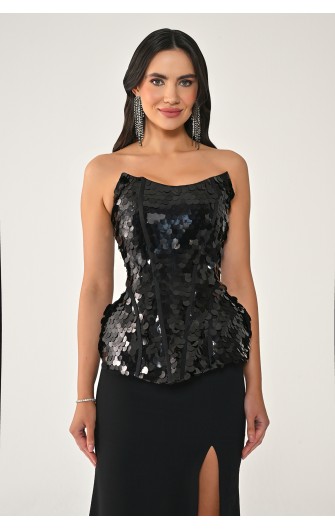 Üstü Pullu Payet Etekli 7443 Uzun Elbise