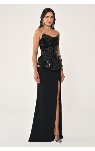 Üstü Pullu Payet Etekli 7443 Uzun Elbise