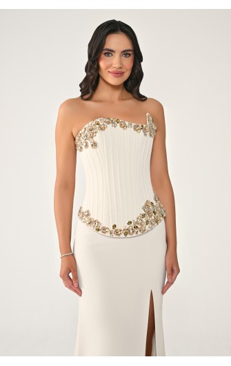 Asimetrik Kesim 7381 Taşlı Uzun Elbise